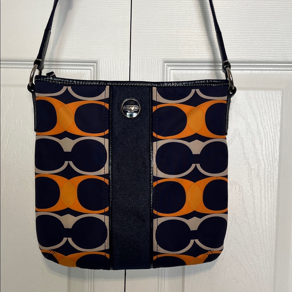 Coach Signature Nylon Crossbody Bag Navy Blue & Orange